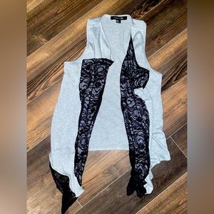 Gray asymmetrical dressy vest, with black lace lining- women’s size medium